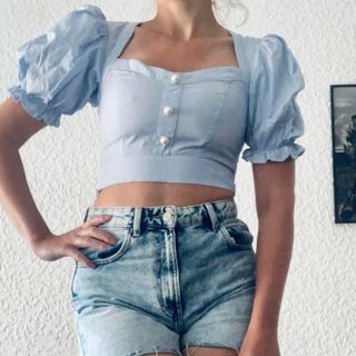 Crop top azul bebé perlas Zara S 36