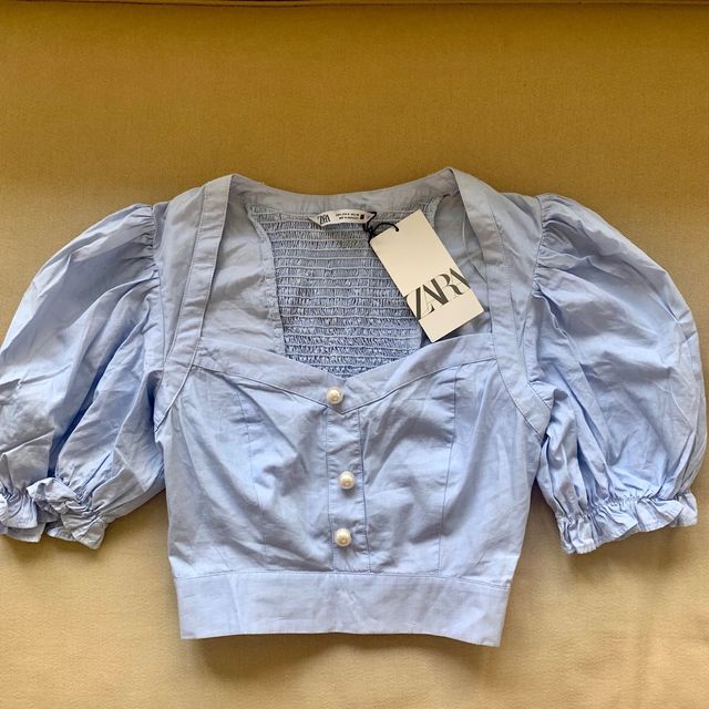 Crop top azul bebé perlas Zara S 36