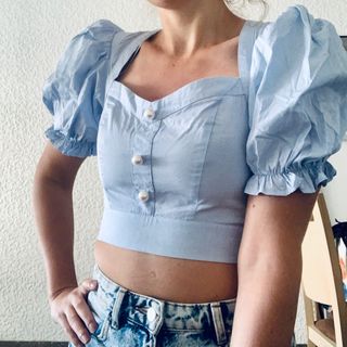 Crop top azul bebé perlas Zara S 36