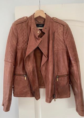 Cazadora biker marrón piel Mango