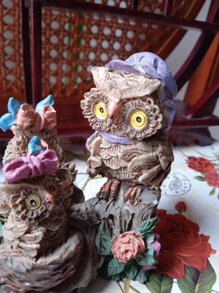 FAMILIA DE BÚHOS FIGURA ANTIGUA COLECCIÓN VINTAGE