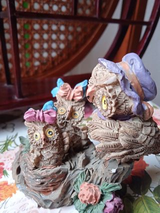 FAMILIA DE BÚHOS FIGURA ANTIGUA COLECCIÓN VINTAGE