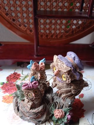 FAMILIA DE BÚHOS FIGURA ANTIGUA COLECCIÓN VINTAGE