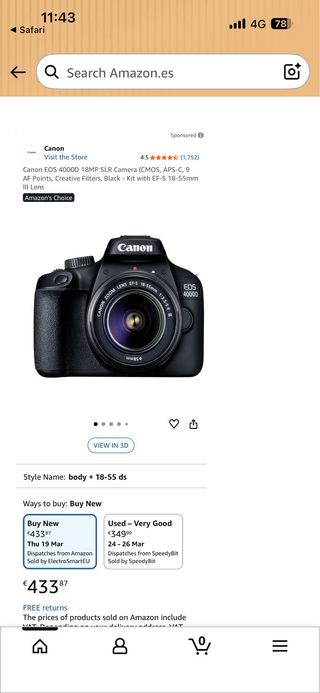 ocasion Canon 4000D + EF-S 18-55 + SD 16GB