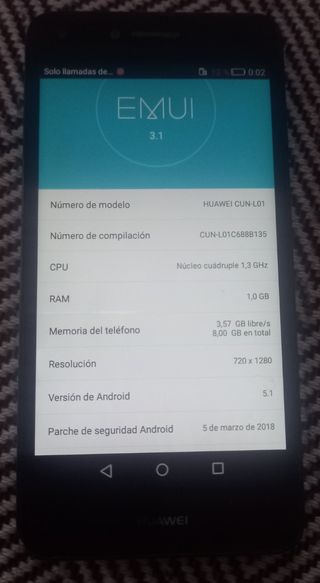 HUAWEI CUN-L01. RAM 1,0GB. Y5 II.