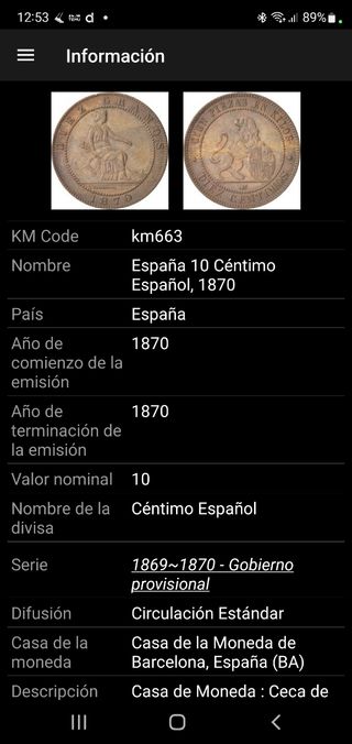 Moneda  10 céntimos de 1870