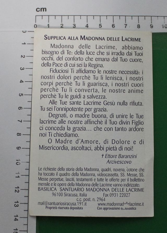 Santino Holy Card "Madonna delle Lacrime" Siracusa