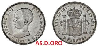 ALFONSO XIII 5 PESETAS 1891 PLATA 25 GRAMOS 