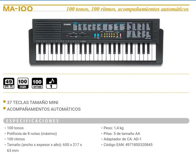 Teclado Piano Órgano Casio MA 100