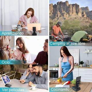 Soporte ajustable movil con altavoz inalámbrico.