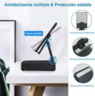 Soporte ajustable movil con altavoz inalámbrico.