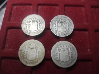 LOTE CUATRO MONEDAS DE PESETA DE PLATA 1870