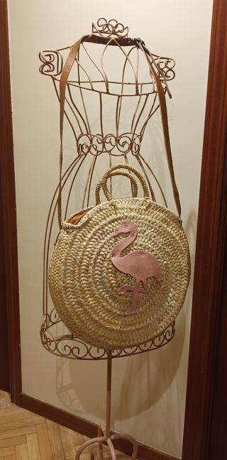 BOLSO MIMBRE RAFIA NATURAL CON FLAMENCO EN PIEL