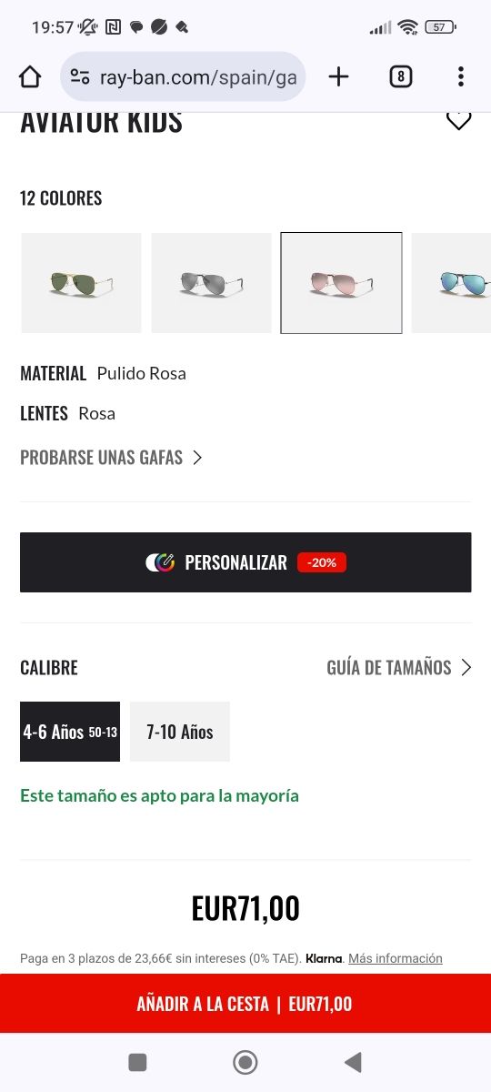 Gafas de sol Ray-ban Aviator Kids rosa