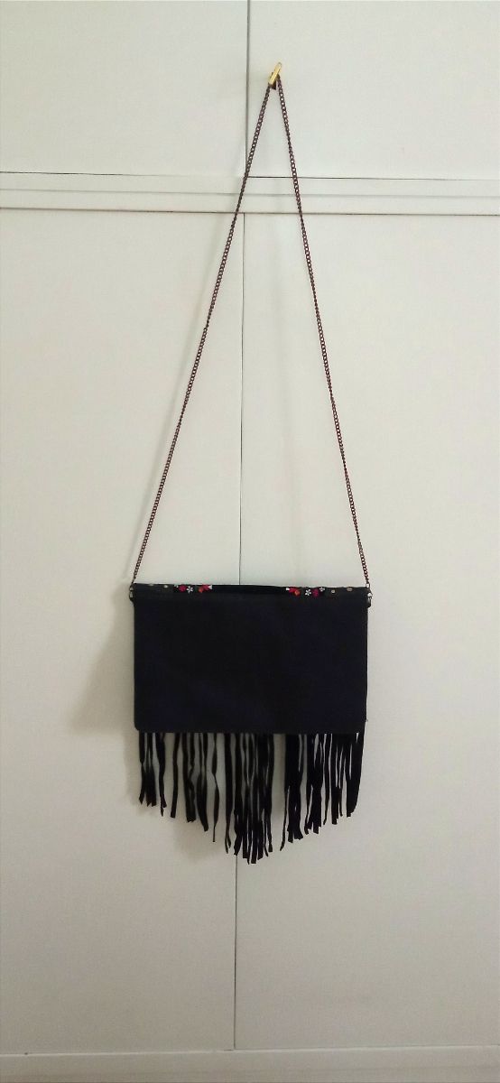 Borsetta camoscio nero frangia nuovo
