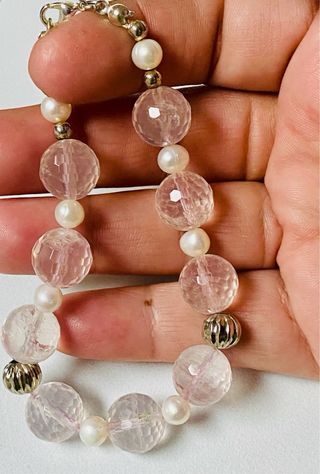 Pulsera de cuarzo rosa y perlas en plata ley 925