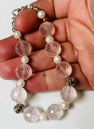 Pulsera de cuarzo rosa y perlas en plata ley 925