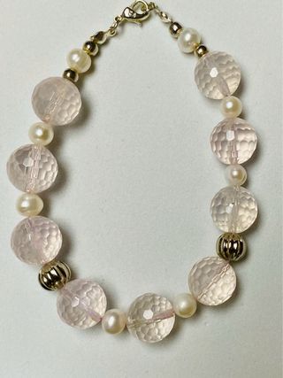 Pulsera de cuarzo rosa y perlas en plata ley 925