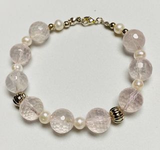 Pulsera de cuarzo rosa y perlas en plata ley 925