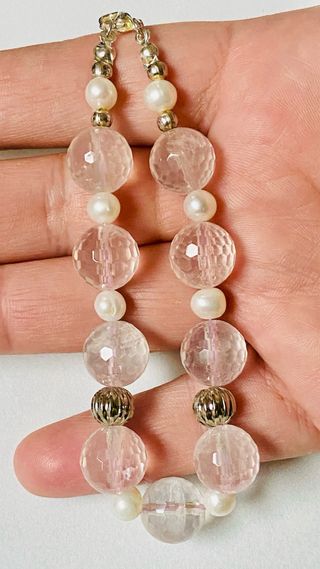 Pulsera de cuarzo rosa y perlas en plata ley 925