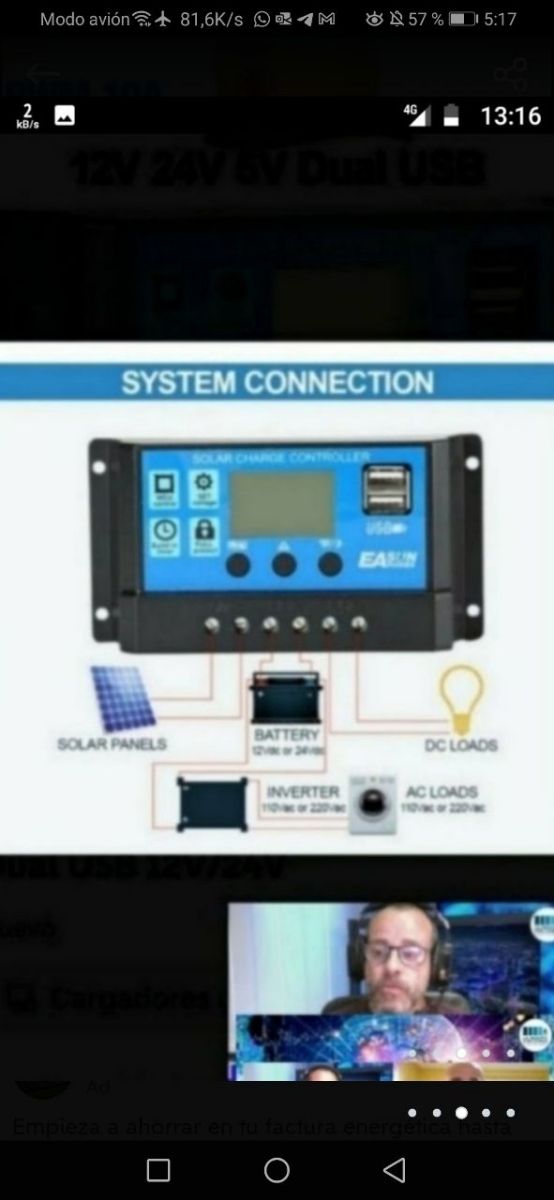 Controlador carga solar 12v 24v auto 10A USB