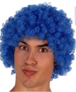 DISFRAZ PELUCA HOMBRE RIZO AZUL PAYASO. NUEVA