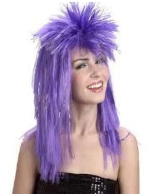 DISFRAZ PELUCA PUNKY LILA CON LUMALINA ROJA. NUEVA