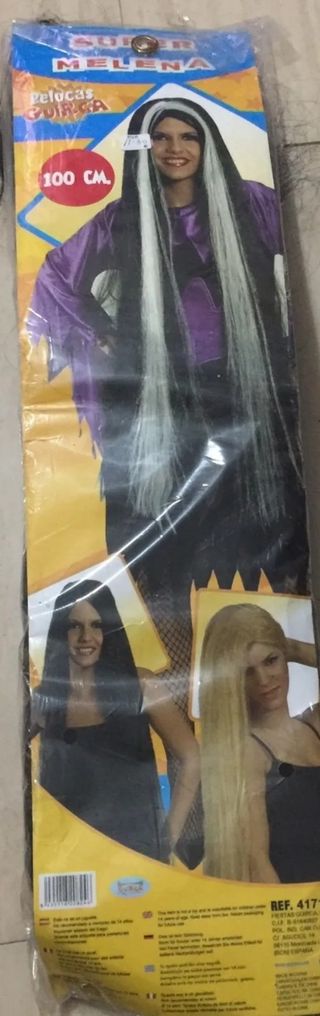 DISFRAZ PELUCA EXTRA LARGA NEGRA CON MECHAS 100 CM