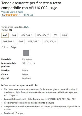 Tenda oscurante grigia per Velux C02
