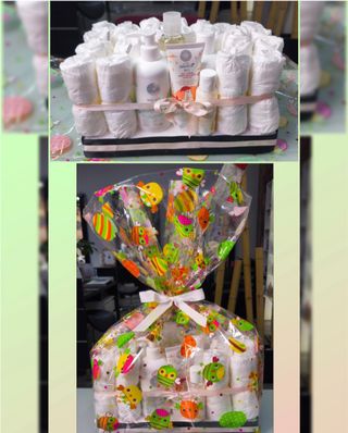 Cestas de bebé y tartas de pañales