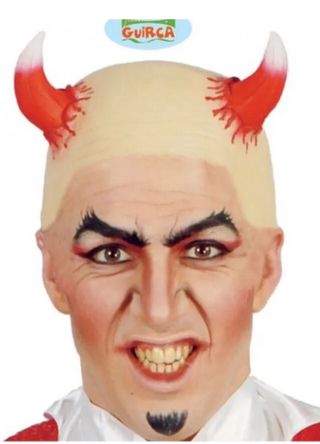 DISFRAZ CALVA LATEX CON CUERNOS DEMONIO. NUEVA 