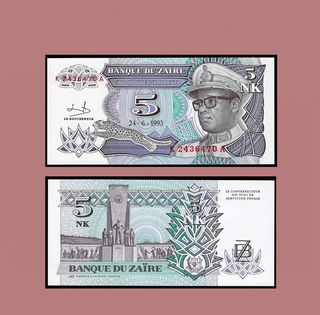 Billete Zaire 5 Nuevos Makuta 1993 Mobuto.