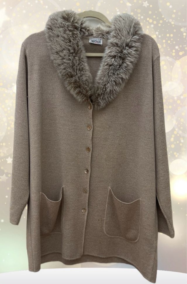 cardigan lana cotta beige con ecopelliccia tg 44