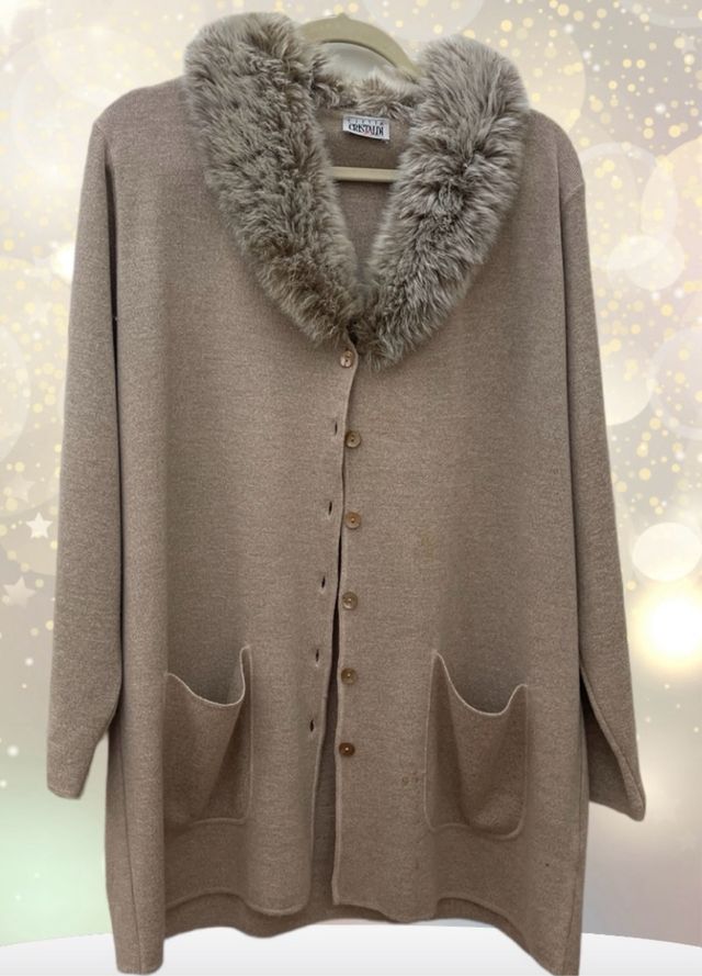 cardigan lana cotta beige con ecopelliccia tg 44