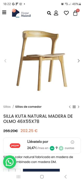 4 Sillas de madera natural de olmo