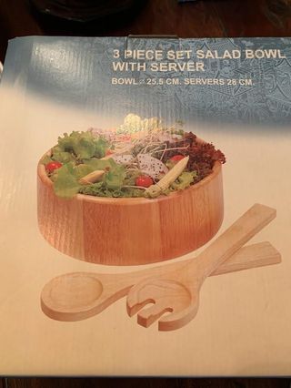 Bowl ensalada madera 25,5 cm con cuchara y tenedor