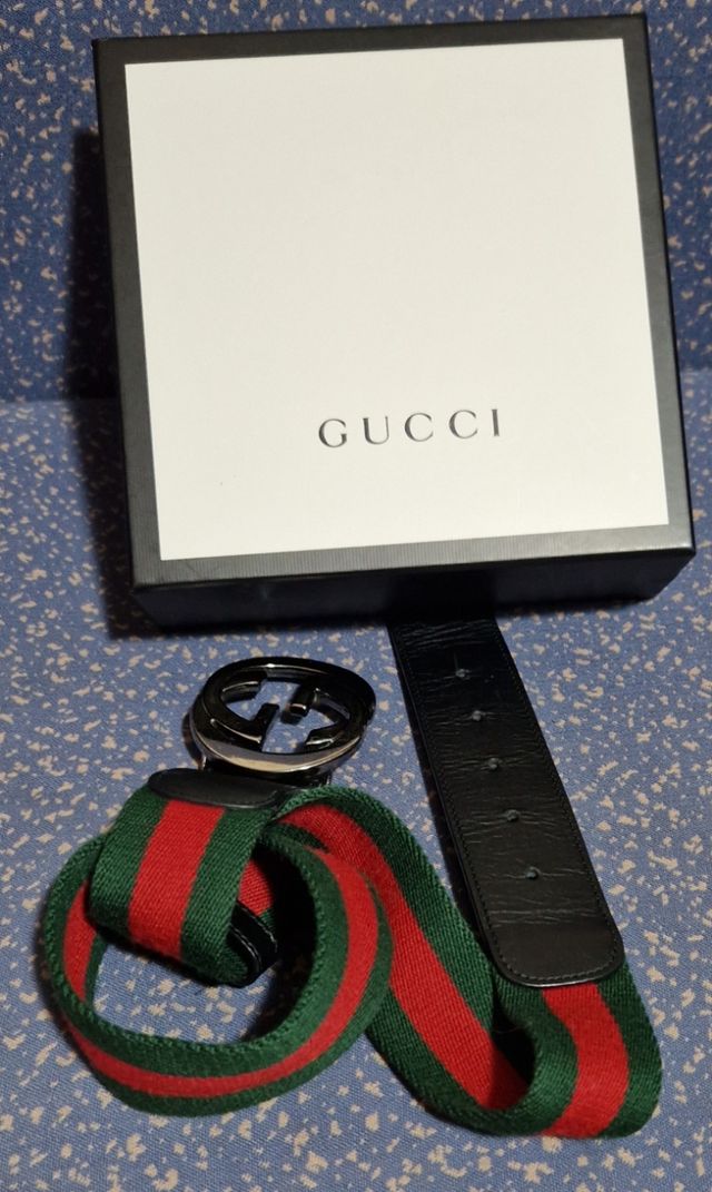 Cinturón Gucci Tribanda De Nylon Hebilla Doble GG