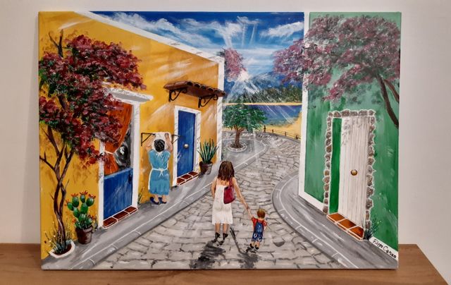 Quadro dipinto a mano,Mamma e figlio.