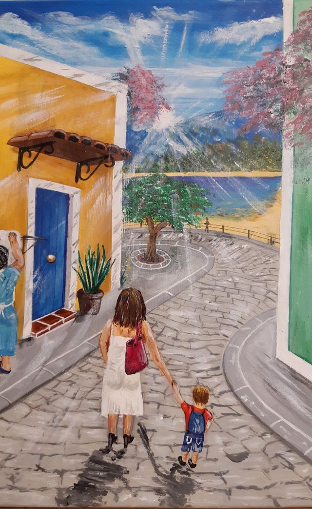 Quadro dipinto a mano,Mamma e figlio.