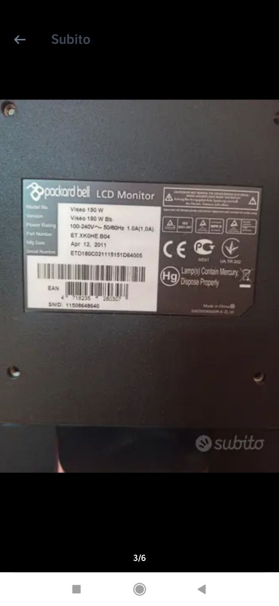 Monitor schermo PC pockard bell