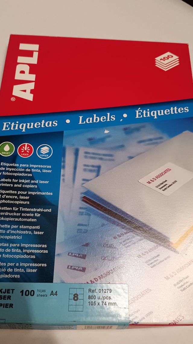 LOTE 10 HOJAS ETIQUETAS APLI (105 x 74 mm.)