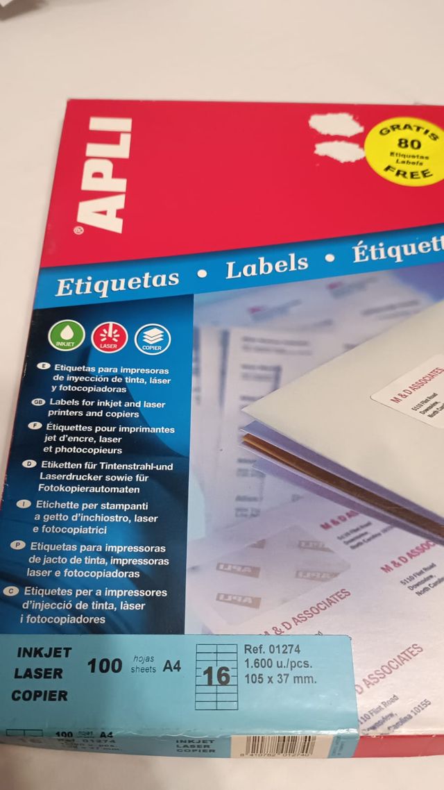 LOTE 17 HOJAS ETIQUETAS APLI (105 x 37 mm.)