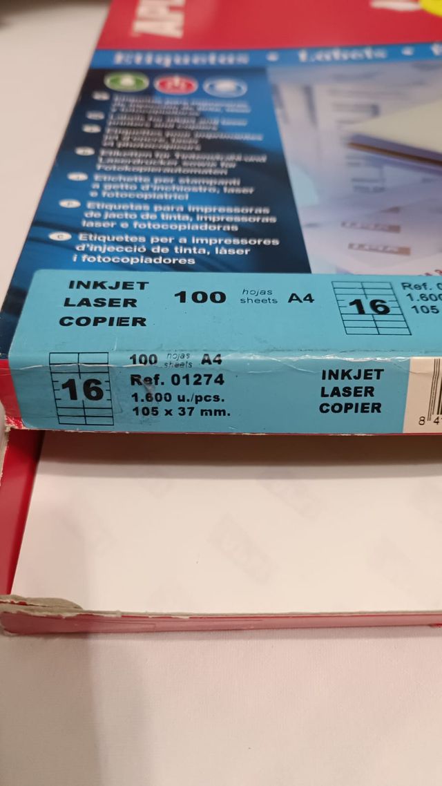 LOTE 17 HOJAS ETIQUETAS APLI (105 x 37 mm.)