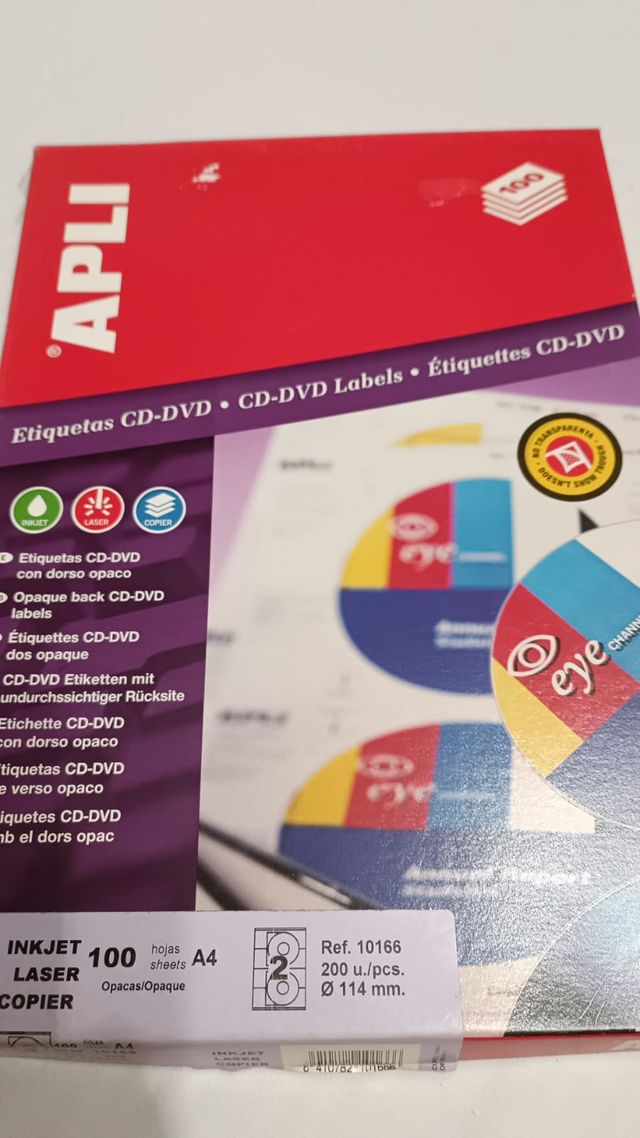 LOTE 10 HOJAS ETIQUETAS CD/DVD BLANCO (Ø 114 mm)