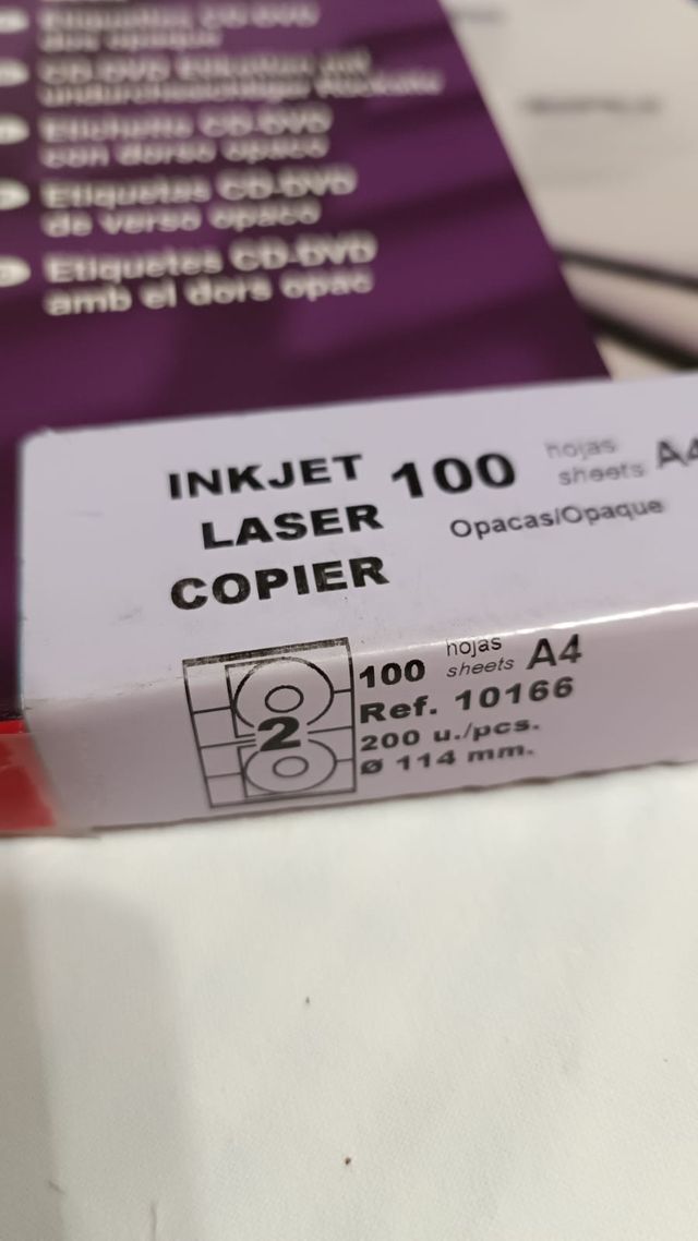 LOTE 10 HOJAS ETIQUETAS CD/DVD BLANCO (Ø 114 mm)