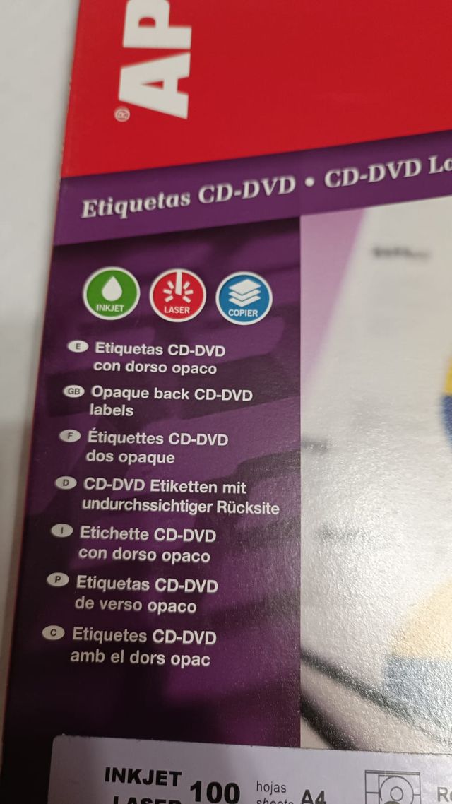 LOTE 10 HOJAS ETIQUETAS CD/DVD BLANCO (Ø 114 mm)