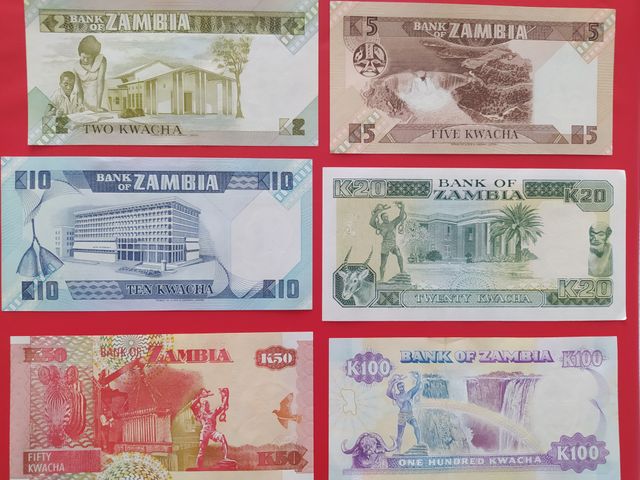 6 billetes Zambia. 2, 5, 10, 20, 50 y 1000 Kwachas