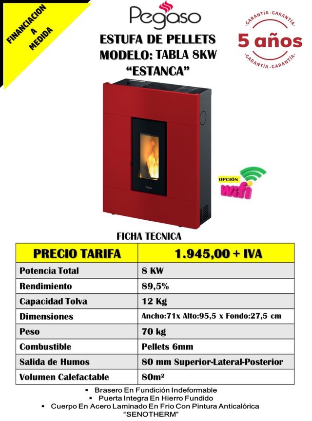 Estufa de pellets Modelo TABLA 8kw ESTANCA