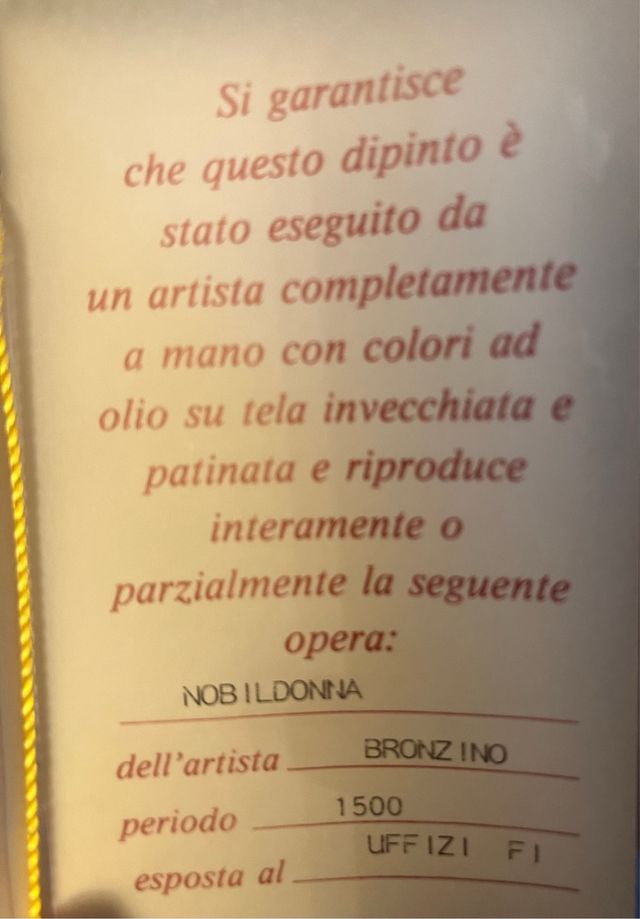 “Ritratto di dama” olio su tela, copia da Bronzino