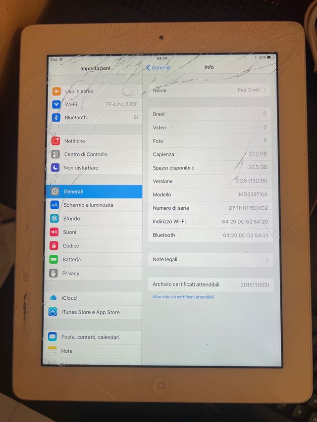 Apple ipad 3 Wi-Fi 32gb bianco display crepato